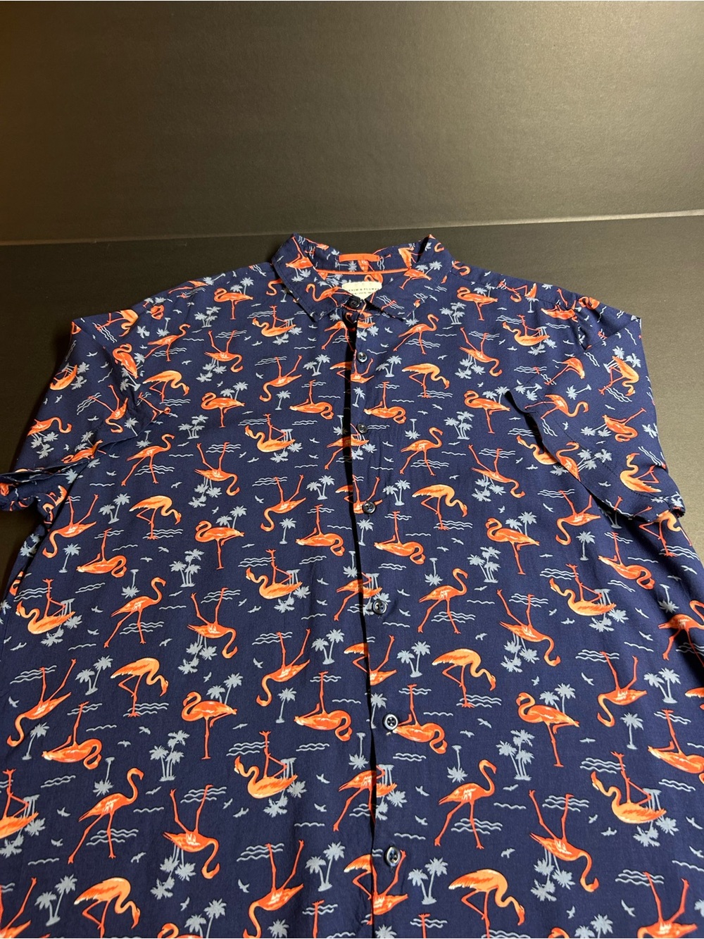 Denim & Flower Navy Button-Down Shirt with Orange Flamingo Print